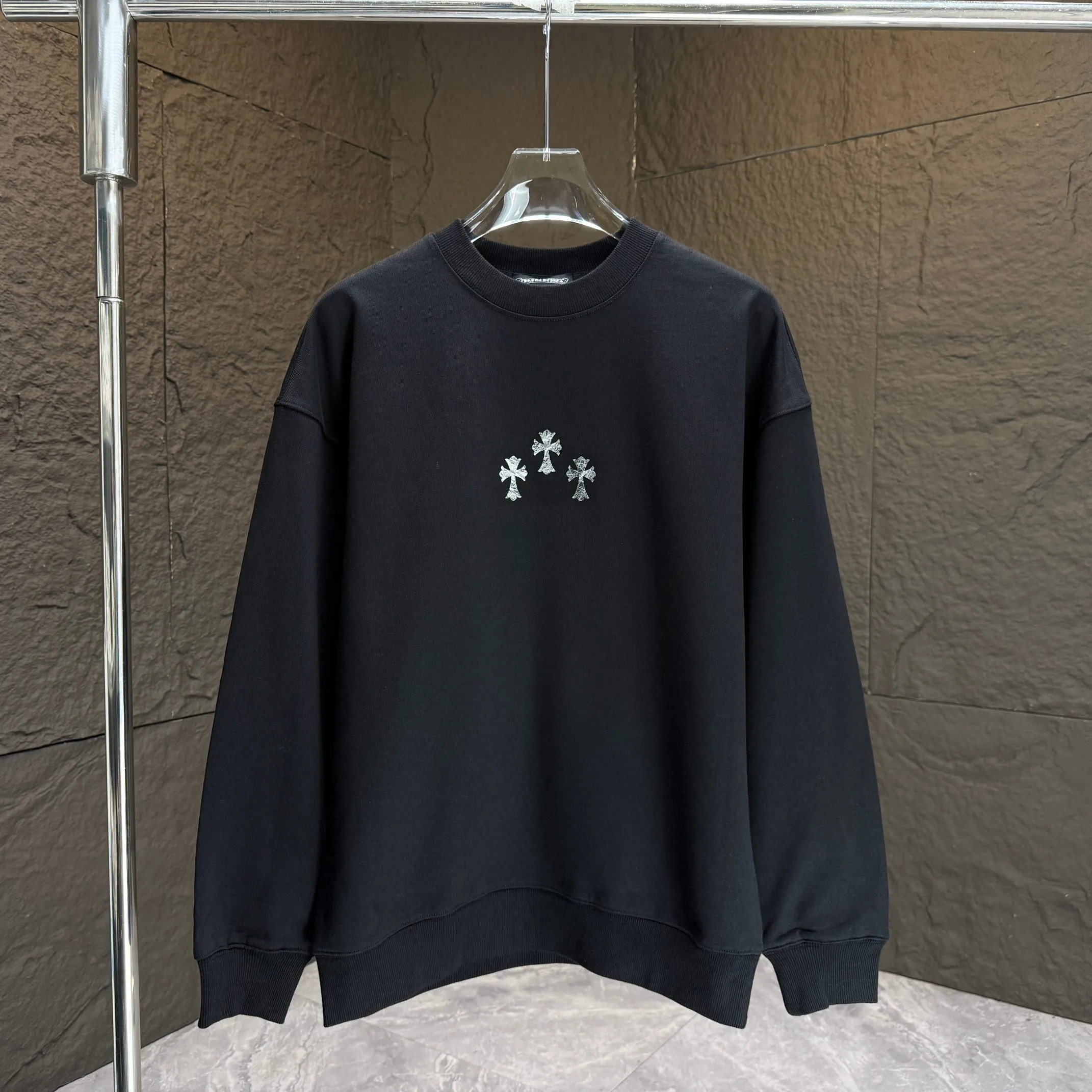 🅿️250 CH* Croixin* 2025 autumn and winter new round neck sweatshirt 400g terry cotton Sanskrit horseshoe logo flocking➕silver wire Color: Black White Gray Purple Size: S M L XL XXL